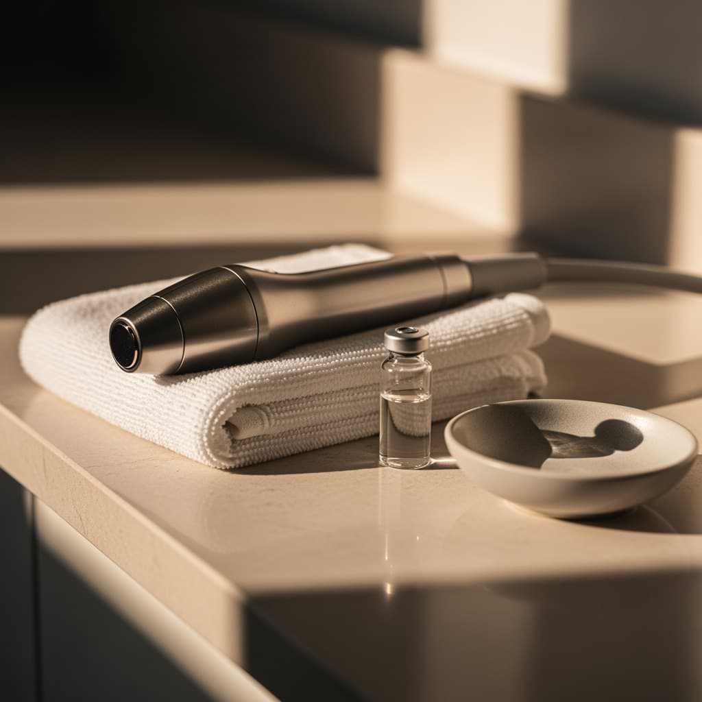 Close detail of a cosmetic laser handpiece resting on folded linen beside a glass vial