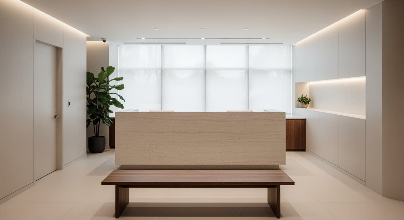 Reception area of a modern med spa — stone counter, walnut bench and soft daylight