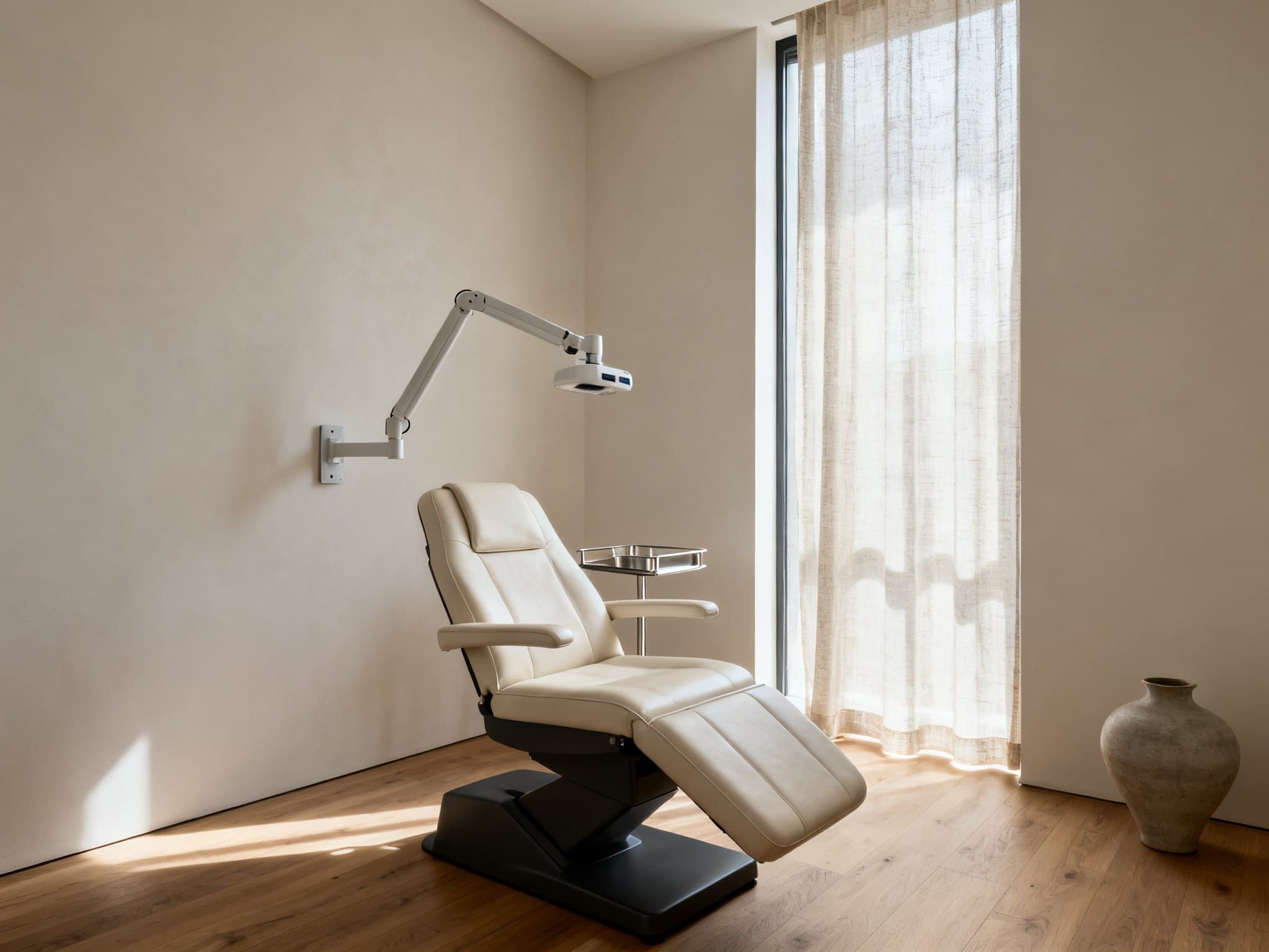 Treatment room in a modern medical aesthetics clinic — treatment chair, wall-mounted laser arm, and window light